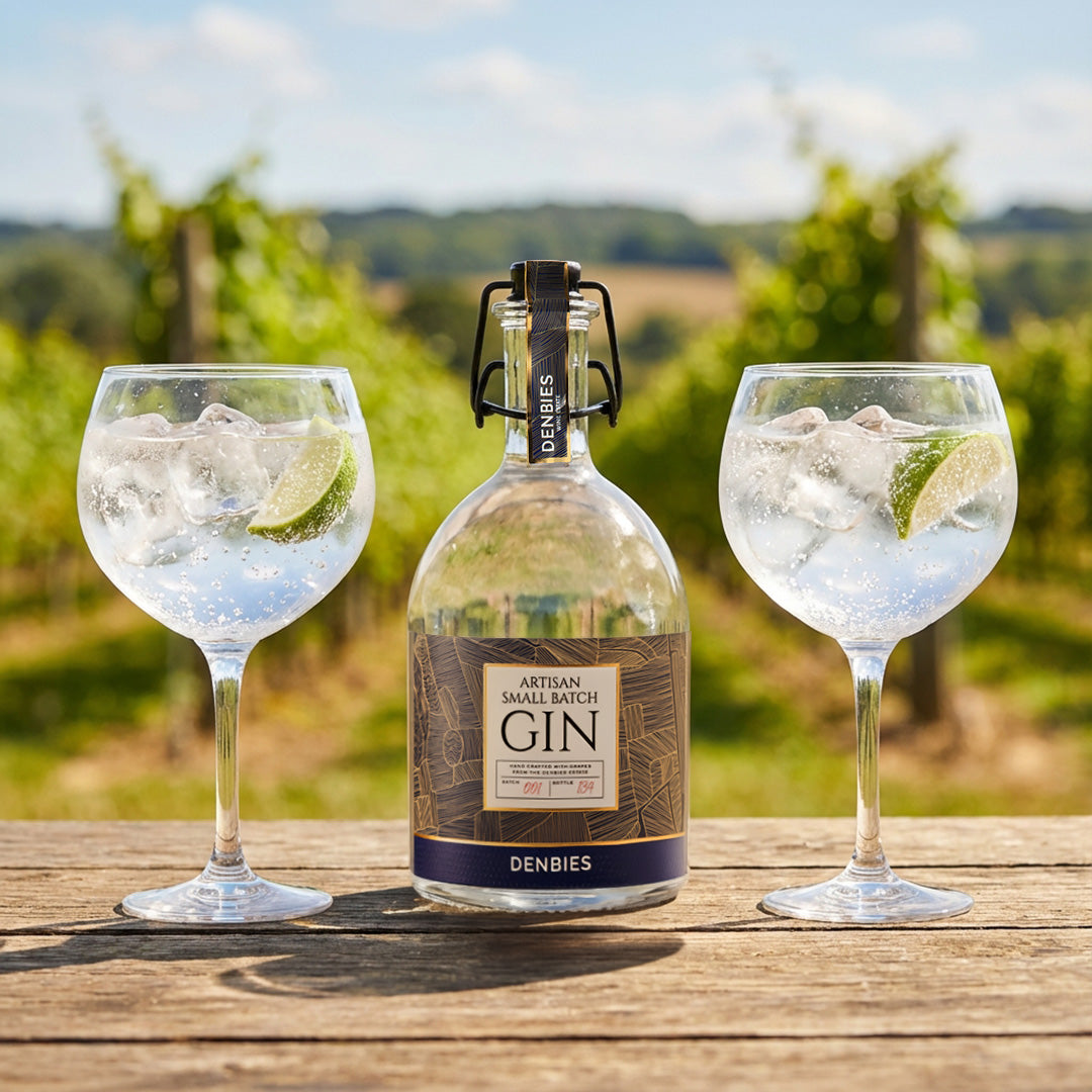 Artisan Small Batch Gin bottle served with two copa glasses served with ice and cucumber in an outside vineyard view setting
