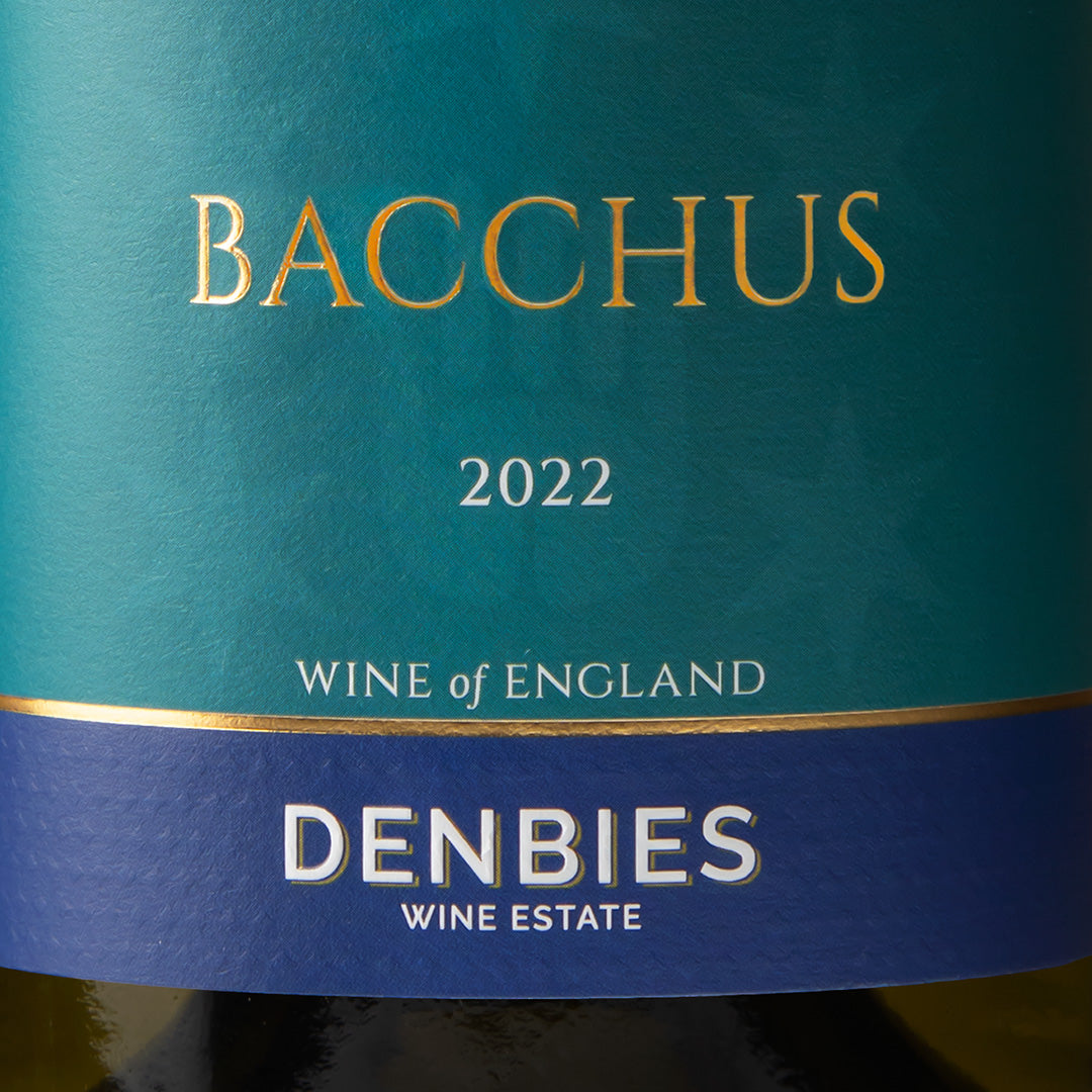 Close-up detail of the Bacchus 2022 wine label showing the art and typography