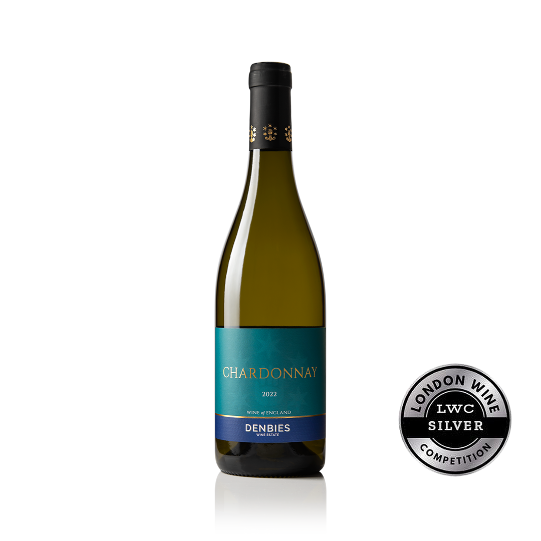 Front view of Chardonnay 2022 wine bottle by Denbies Wine Estate isolated on a transparent background