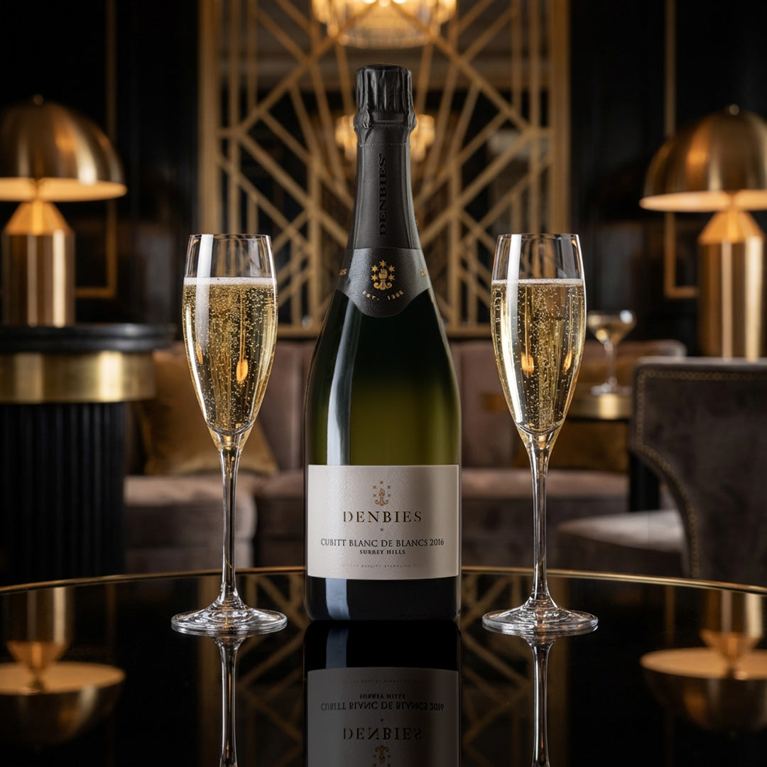 Cubitt Blanc de Blancs 2016 wine bottle served with two glasses in a dark vibe restaurants setting