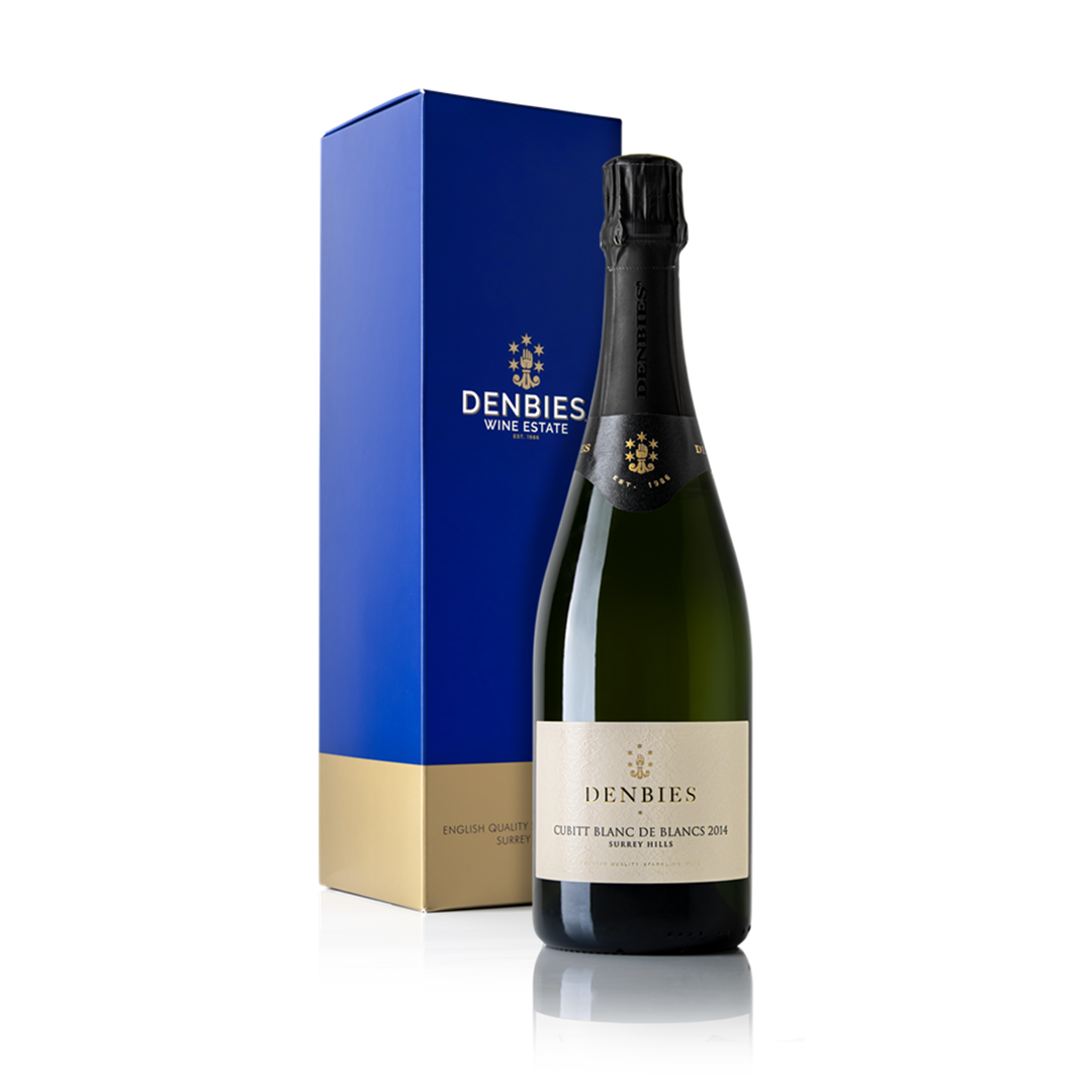 Front view of Cubitt Blanc de Blancs 2014 wine bottle and Magnum gift box by Denbies Wine Estate isolated on a transparent background