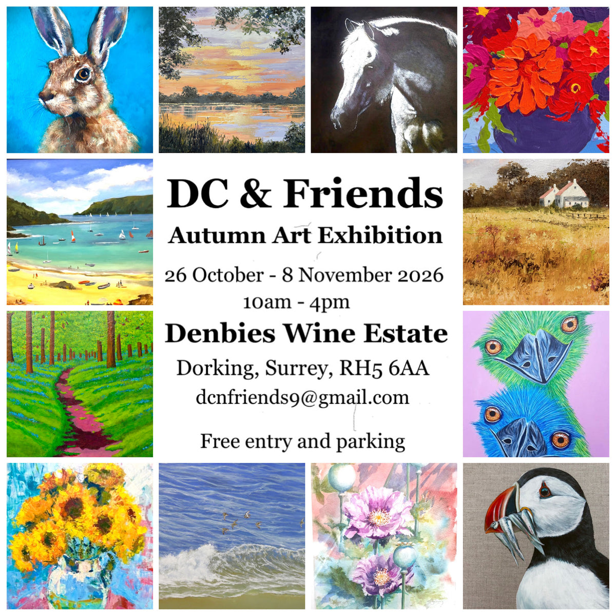 Promotional poster for the DC & Friends Autumn Art Exhibition at Denbies Wine Estate, featuring a central text block surrounded by a 3x4 grid of colorful painted artworks including a rabbit, horse, flowers, beach scene, path, peacocks, sunflowers, seagulls, and a puffin.