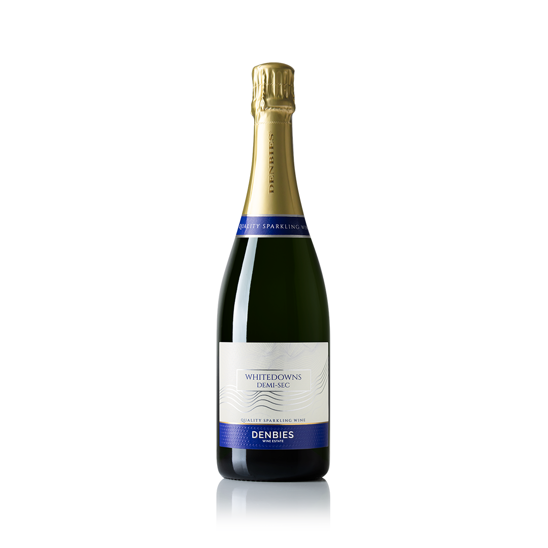 Front view of Demi-sec NV wine bottle by Denbies Wine Estate isolated on a transparent background