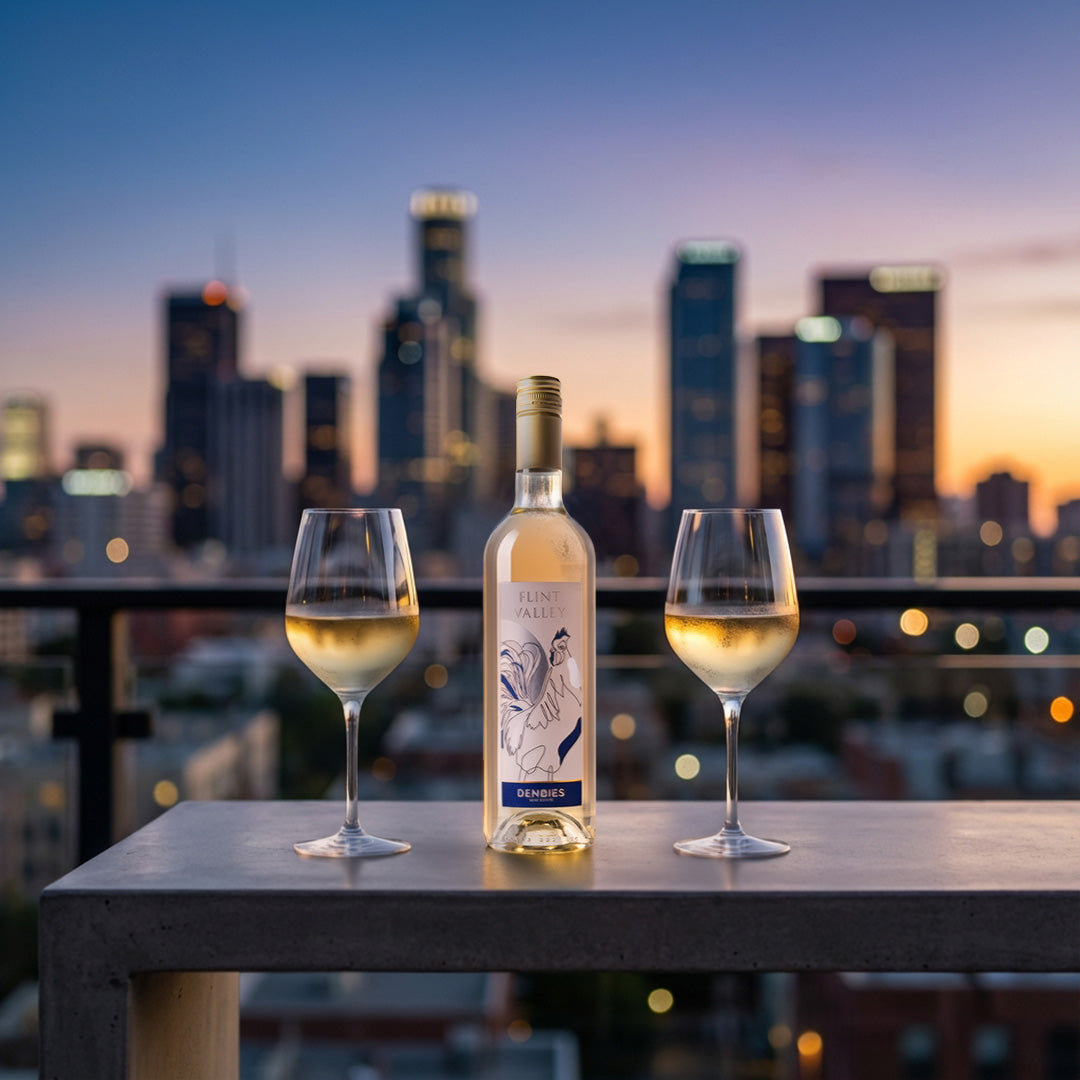 Flint Valley wine bottle served with two glasses on a rooftop bar with a city skyscraper view