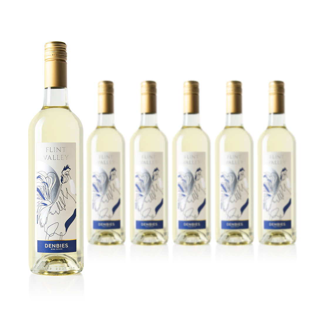 Front view of six Flint Valley wine bottles by Denbies Wine Estate isolated on a transparent background