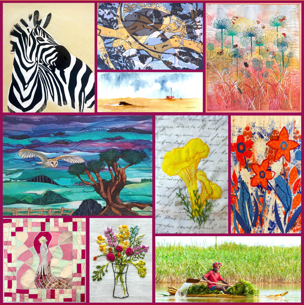 A collage of nine colorful art and craft designs, including a zebra, abstract landscape, wildflowers, a bird painting, a yellow flower, a quilted figure, a floral bouquet, and a person in a reed boat, arranged with magenta borders.