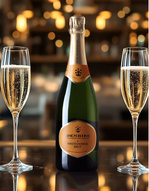 Bottle of Denbies English Sparkling Wine with two filled champagne glasses on a blurred background.
