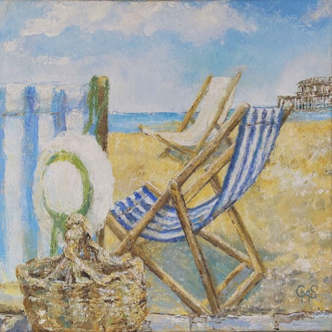 An impressionistic beach scene painting featuring two wooden beach chairs with blue and white striped fabric, a white sun hat, a woven basket, a blue-and-white fence, and a pale blue sky with clouds.