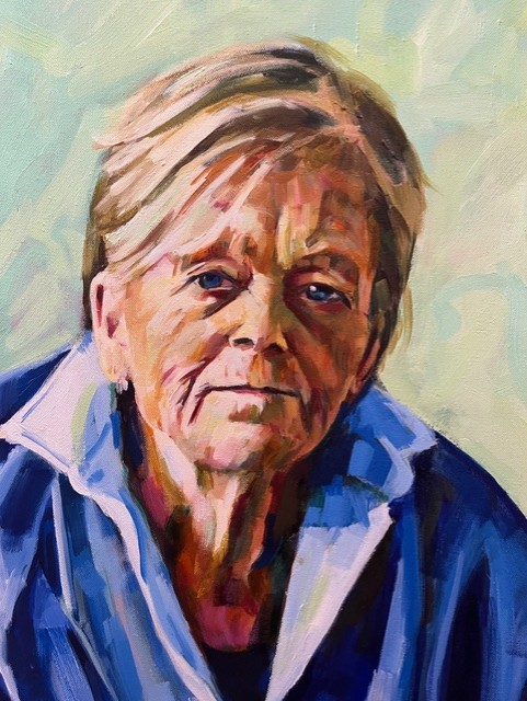 An expressive oil painting portrait of an elderly woman with short light hair, wearing a blue jacket over a pink top, set against a textured light green and blue background.
