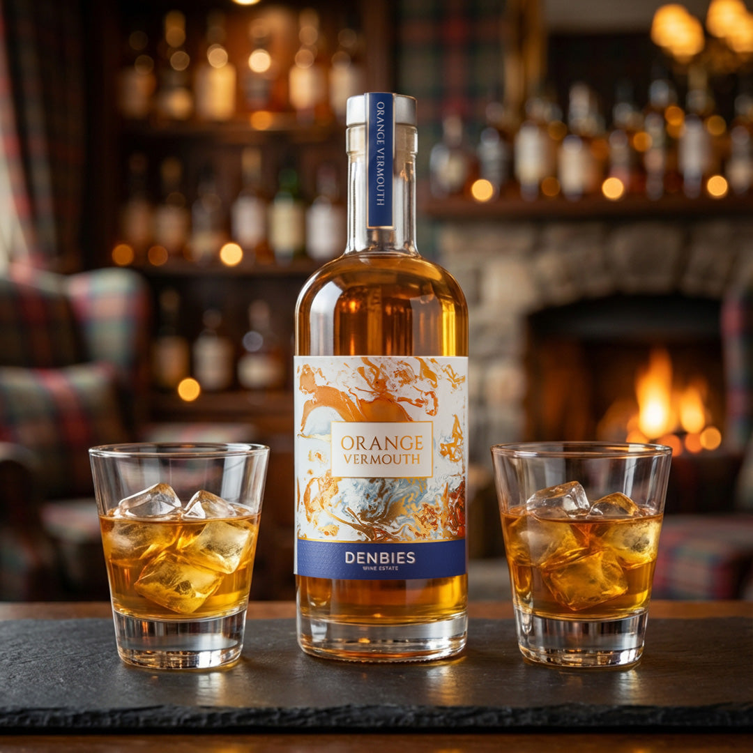 Orange Vermouth bottle served with two tumbler glasses in a cozy fireplace setting