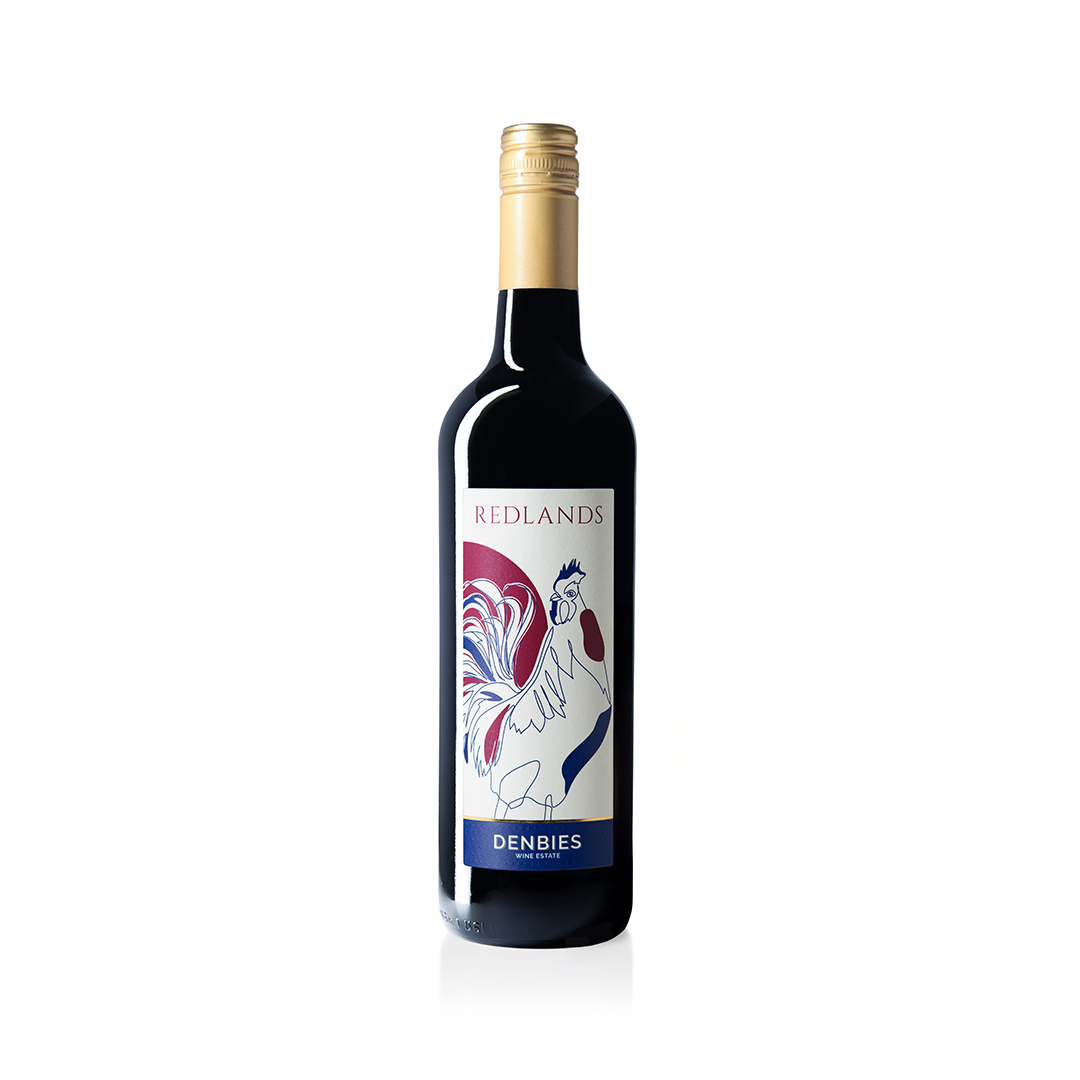 Front view of Redlands wine bottle by Denbies Wine Estate isolated on a transparent background