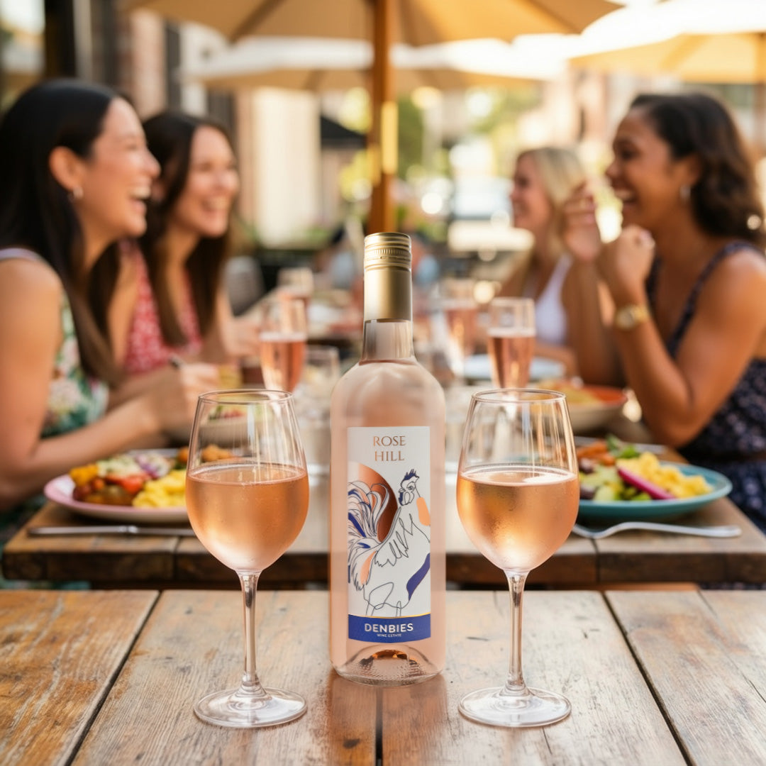 Rose Hill wine bottle served with two glasses on a sunny day in a outside seating restaurants setting