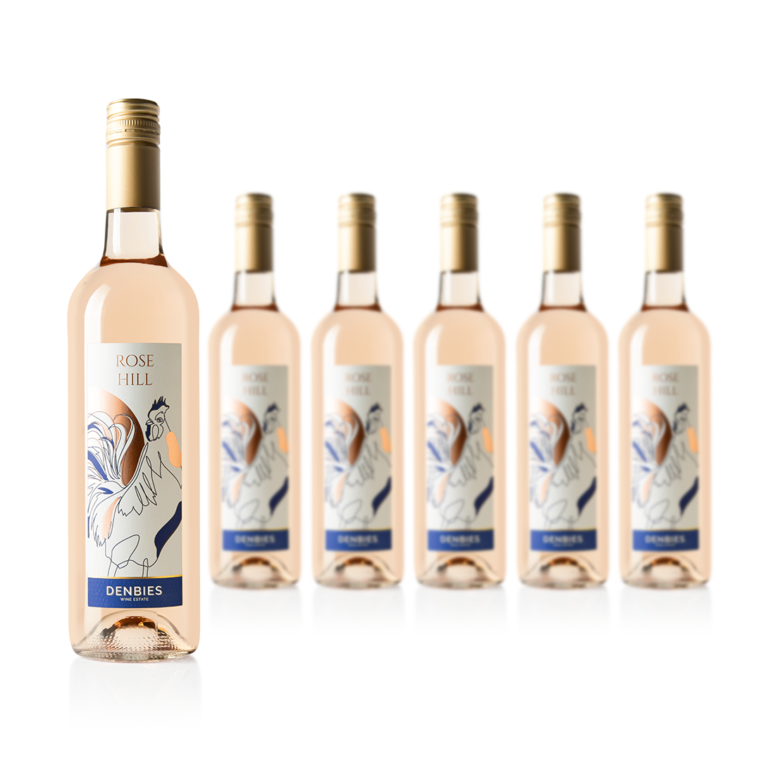 Front view of six Rose Hill wine bottles by Denbies Wine Estate isolated on a transparent background
