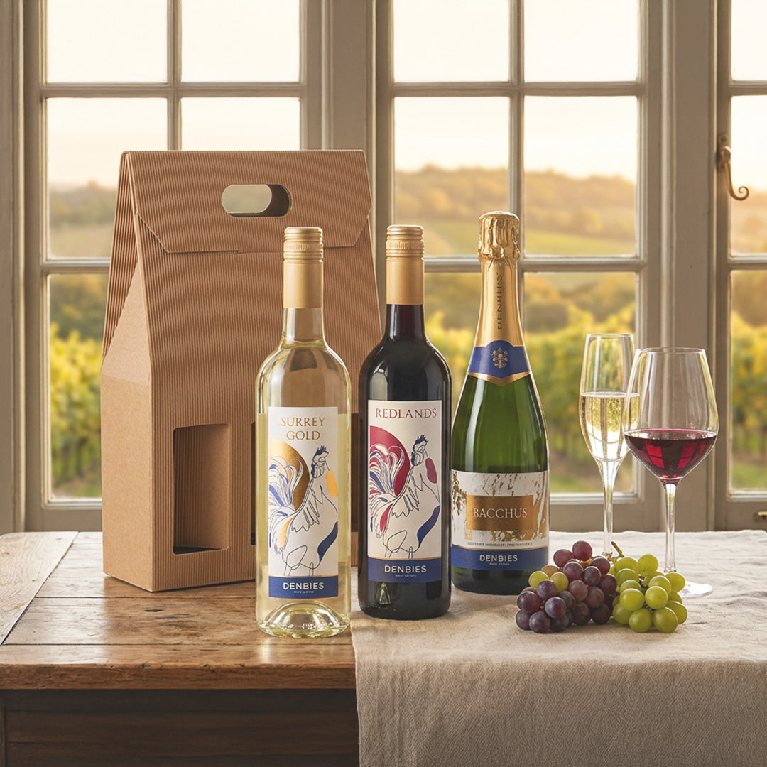 Surrey Gold, Redlands and Bacchus wine bottles served with two glasses and a cardboard carrier box