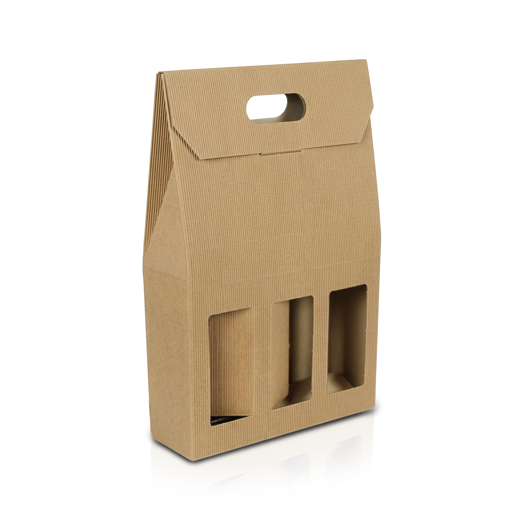 Front view of a triple wine gift box cardboard carrier on a transparent background