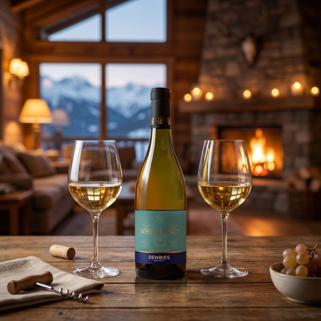 White Pinot 2020 wine bottle served with two glasses in a cozy indoors fireplace setting