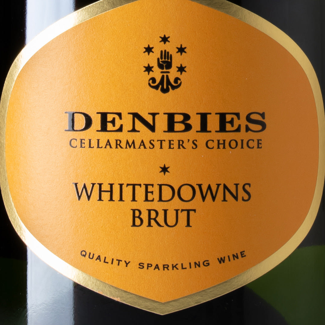 Close-up detail of the Whitedowns NV Half-bottle wine label showing the art and typography
