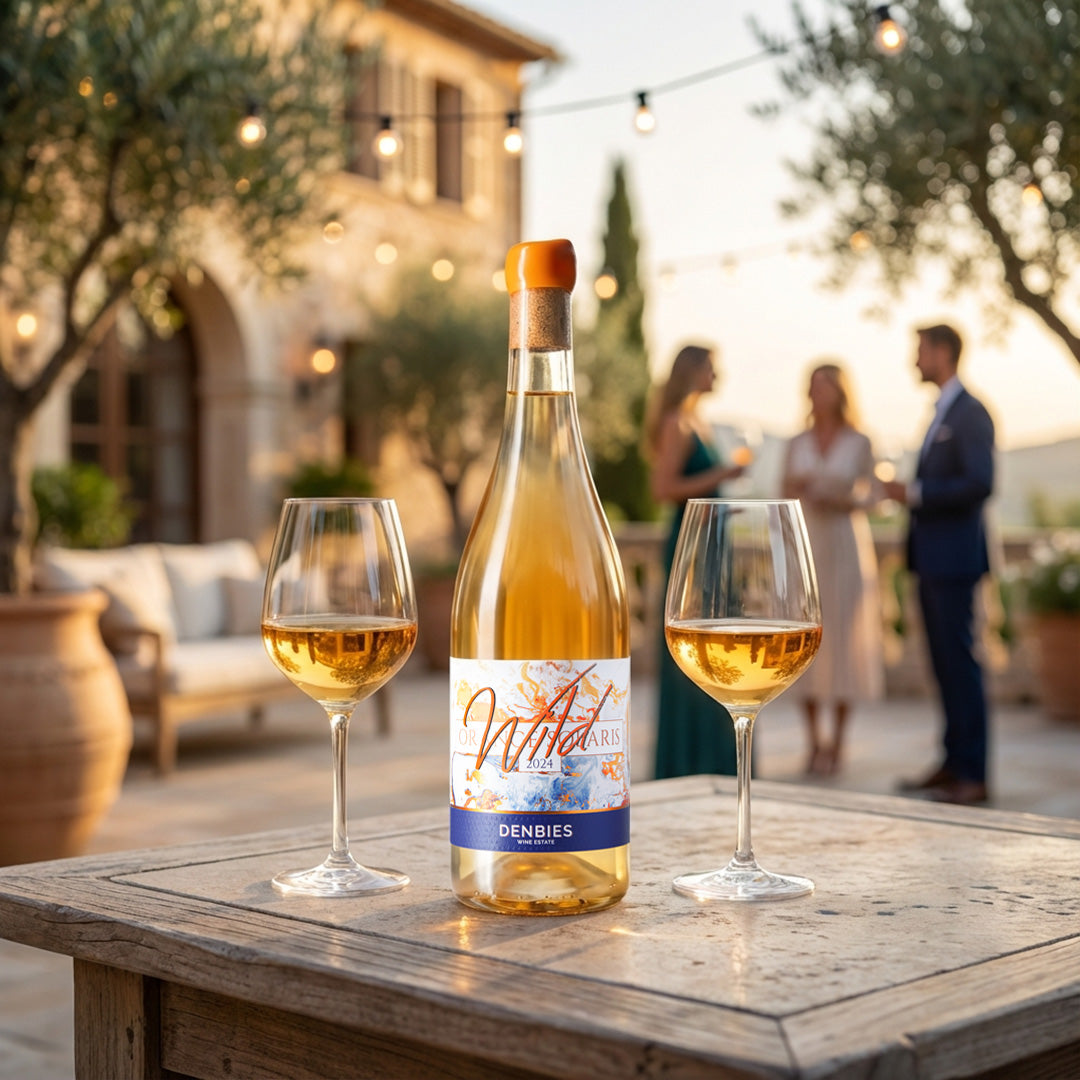 Wild Orange Solaris wine bottle served with two glasses by Denbies Wine Estate in an evening setting