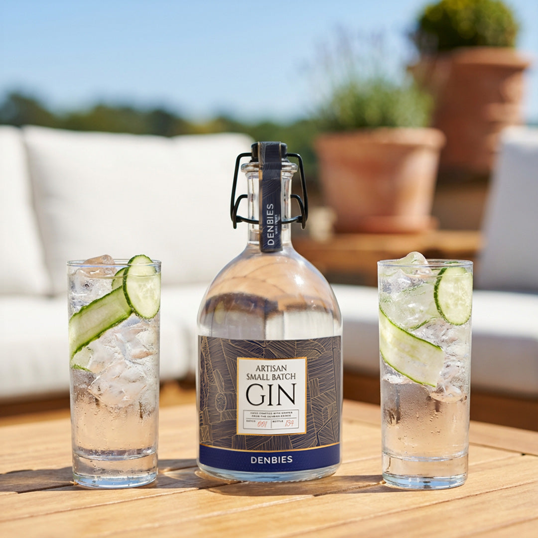 Artisan Small Batch Gin bottle served with two highball glasses served with ice and cucumber in a garden setting
