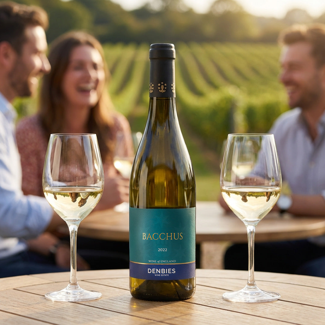 Bacchus 2022 wine bottle served with two glasses in a vineyard setting with guests in conversation