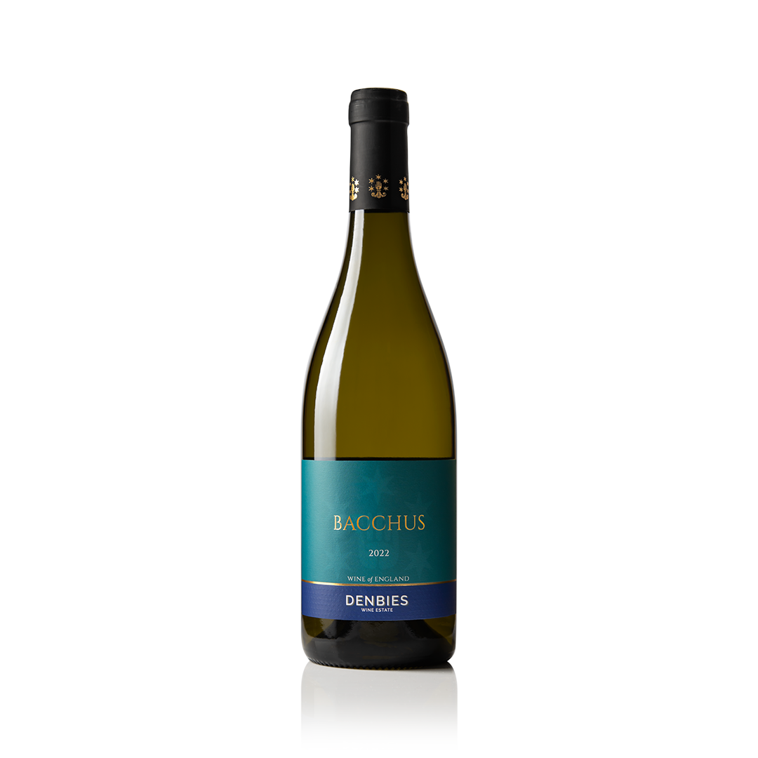 Front view of Bacchus 2022 wine bottle by Denbies Wine Estate isolated on a transparent background