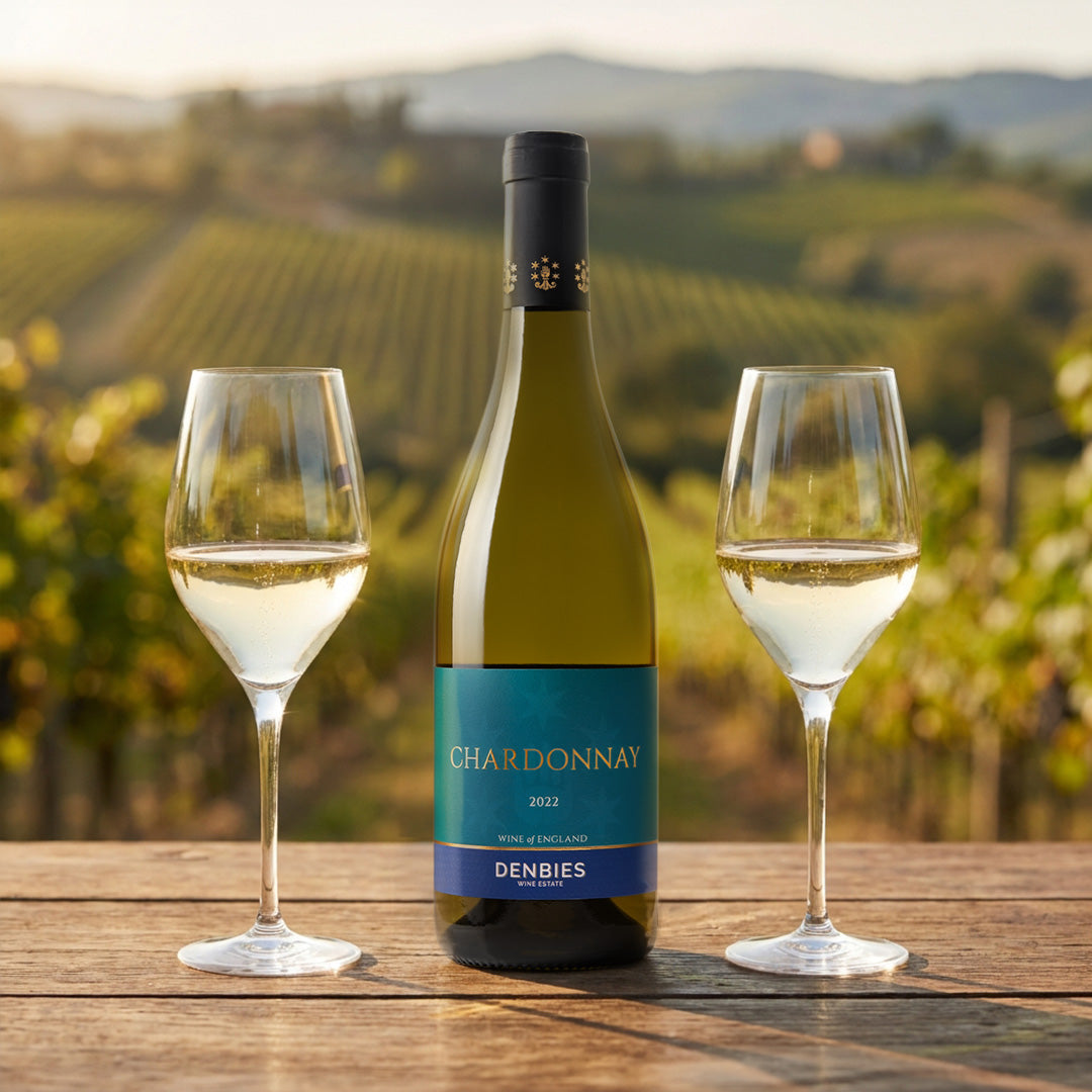 Chardonnay 2022 wine bottle served with two glasses in a sunny evening setting with view of the Denbies Vineyard