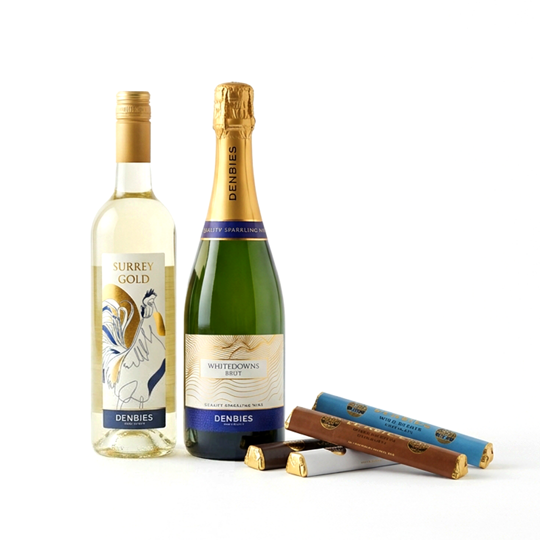 Front view of Chocolate Indulgence package including Surrey Gold, Whitedowns Brut and Denbies chocolate on a transparent background