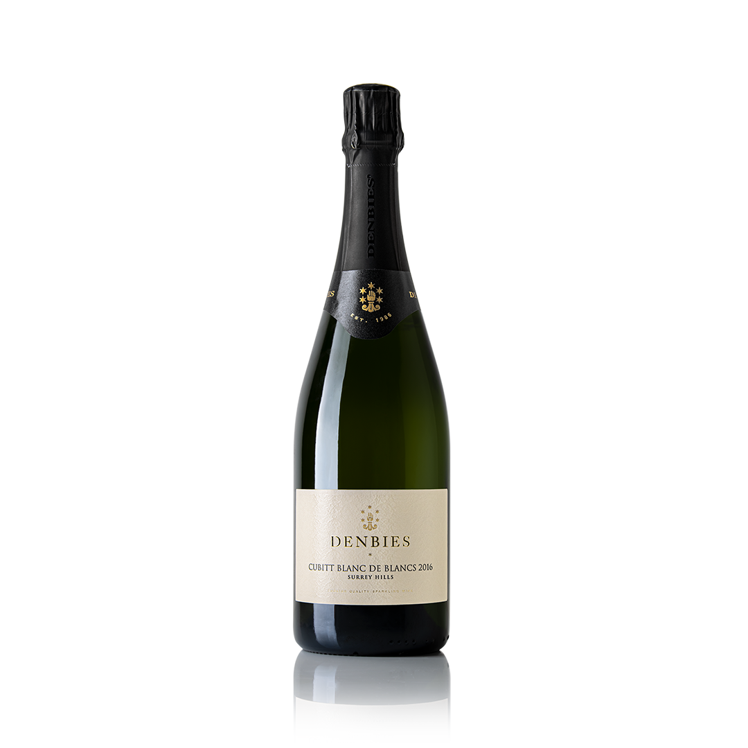 Front view of Cubitt Blanc de Blancs 2016 wine bottle by Denbies Wine Estate isolated on a transparent background