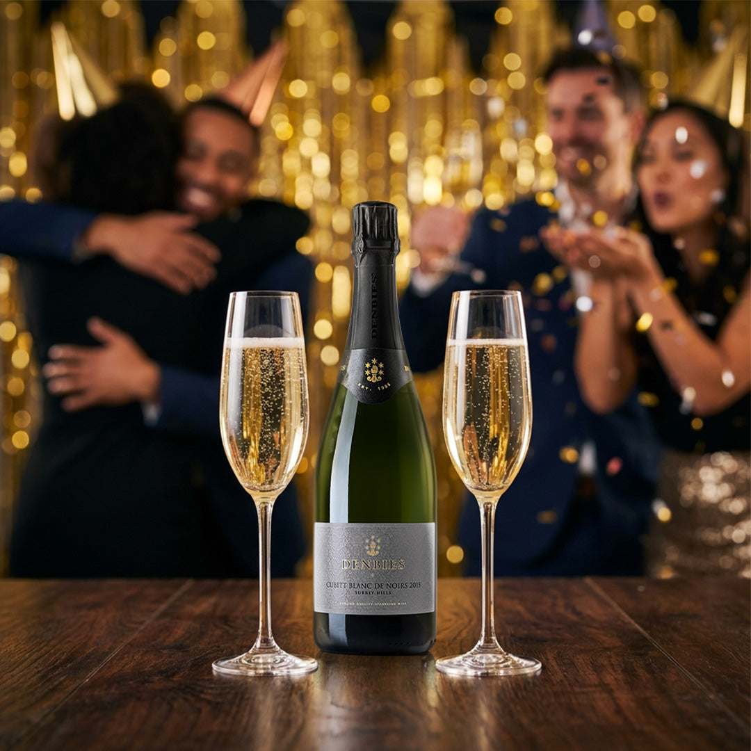 Cubitt Blanc de Noirs 2015 wine bottle served with two glasses in a celebratory setting