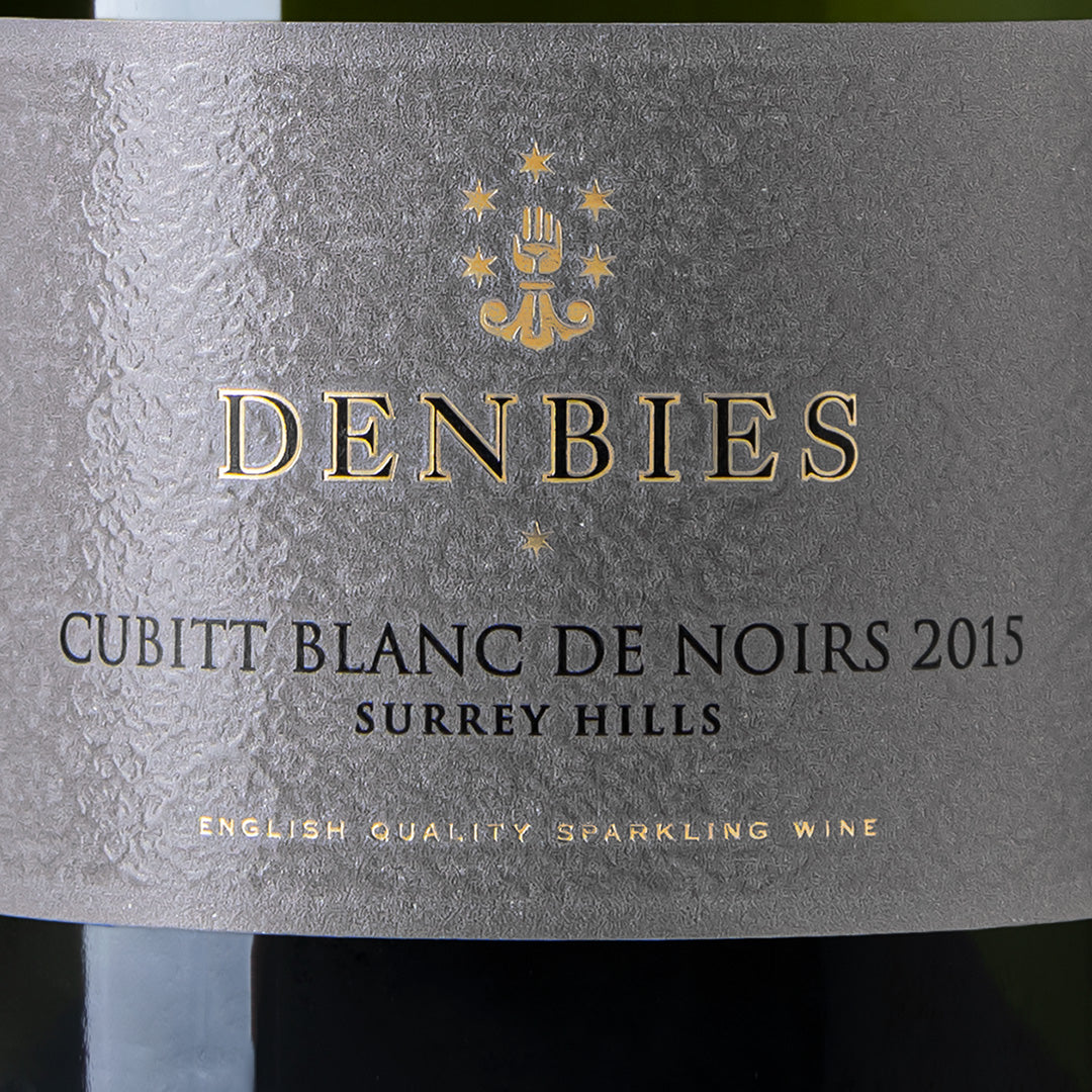Close-up detail of the Cubitt Blanc de Noirs 2015 wine label showing the art and typography