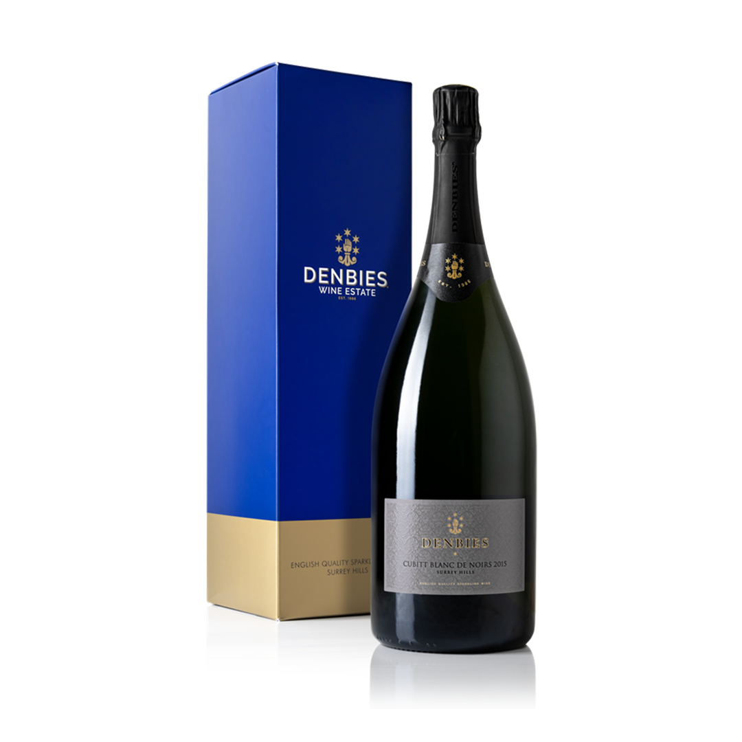 Front view of Cubitt Blanc de Noirs 2015 wine bottle and Magnum gift box by Denbies Wine Estate isolated on a transparent background