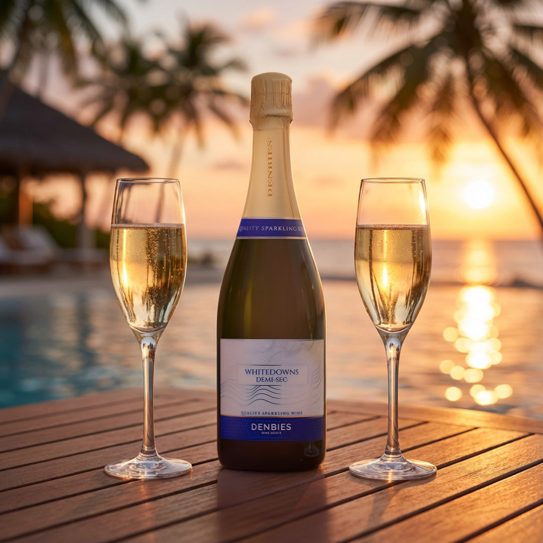Demi-sec NV wine bottle served with two glasses next to a pool in a resort setting