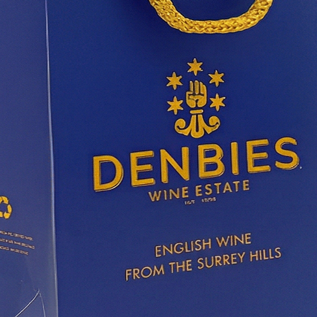 Close-up detail of the Denbies blue bottle gift bag