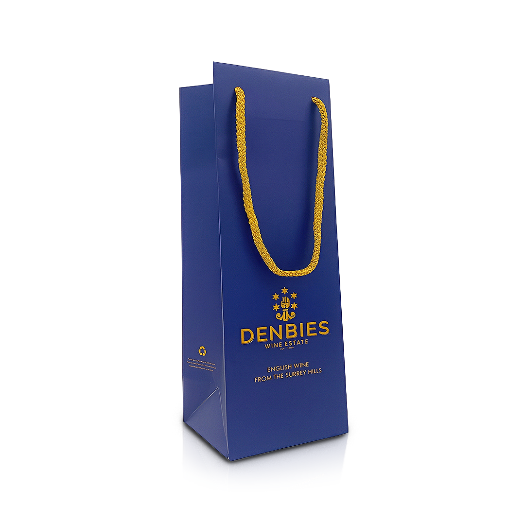 Front view of a Denbies blue bottle gift bag on a transparent background