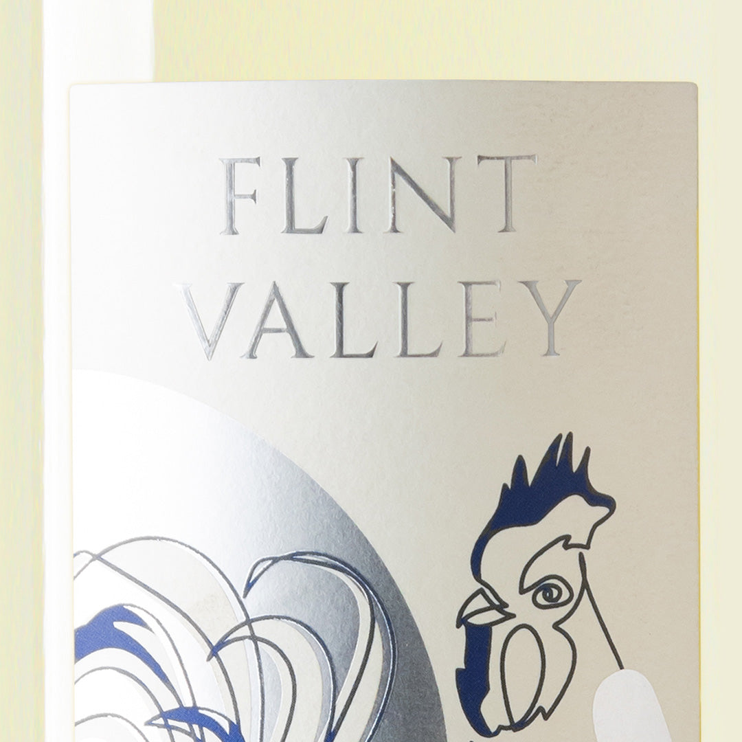 Close-up detail of the Flint Valley wine label showing the art and typography