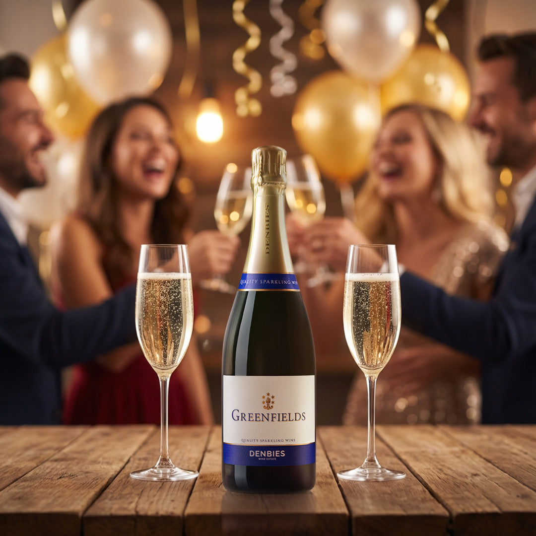 Greenfields NV wine bottle served with two glasses in a celebratory setting