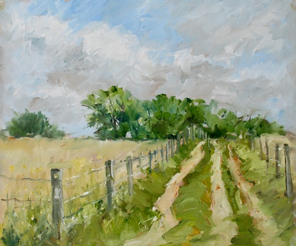 An impressionistic oil painting of a rural landscape featuring a dirt path running through a green field, bordered by a wire fence, with trees and a cloudy blue sky in the background.