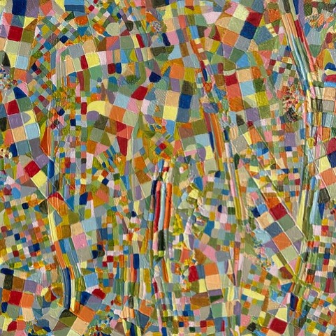 A highly detailed, colorful abstract artwork composed of countless overlapping geometric patches, stripes, and textured blocks in a wide array of bright and muted colors.