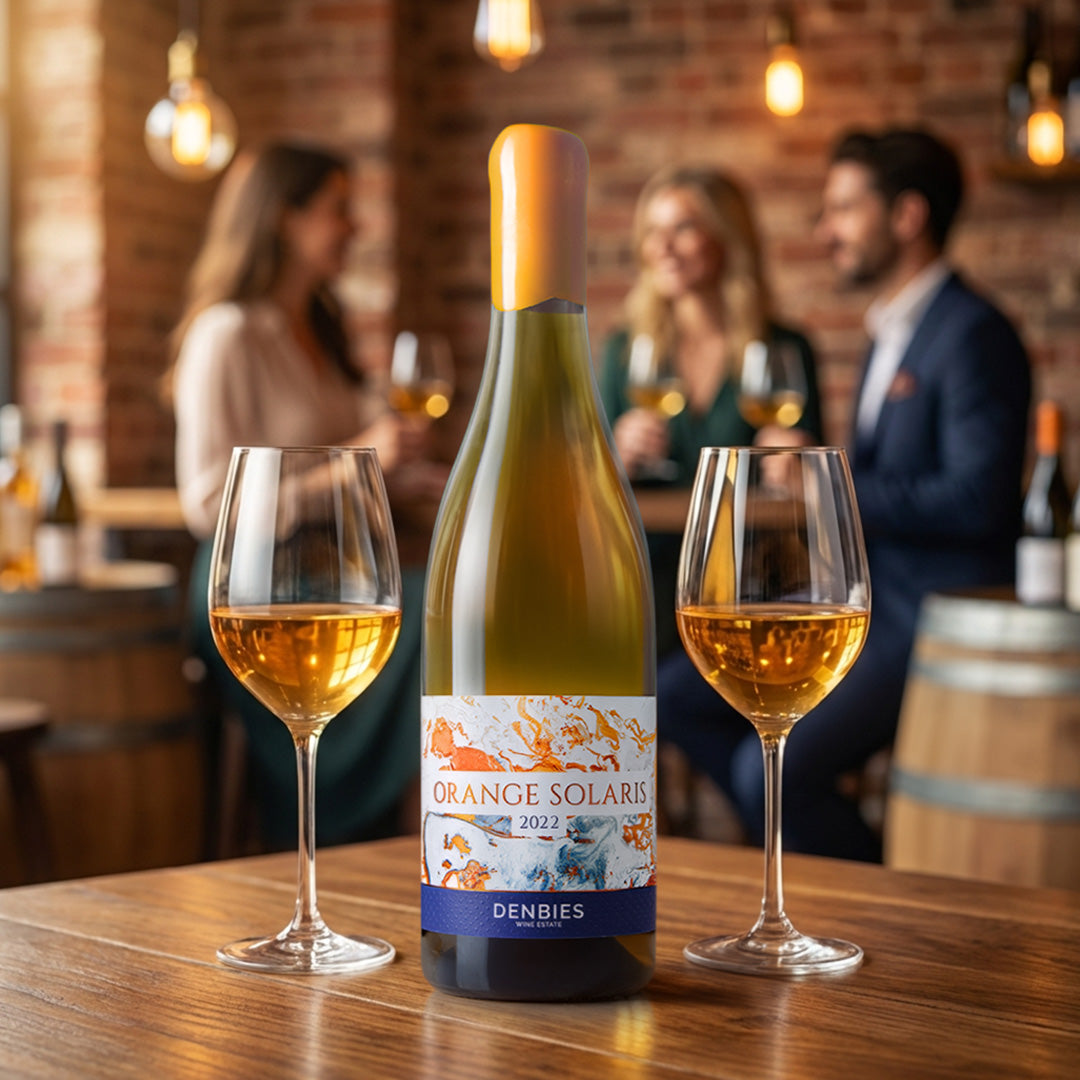 Orange Solaris wine bottle served with two glasses by Denbies Wine Estate in a vibrant pub setting
