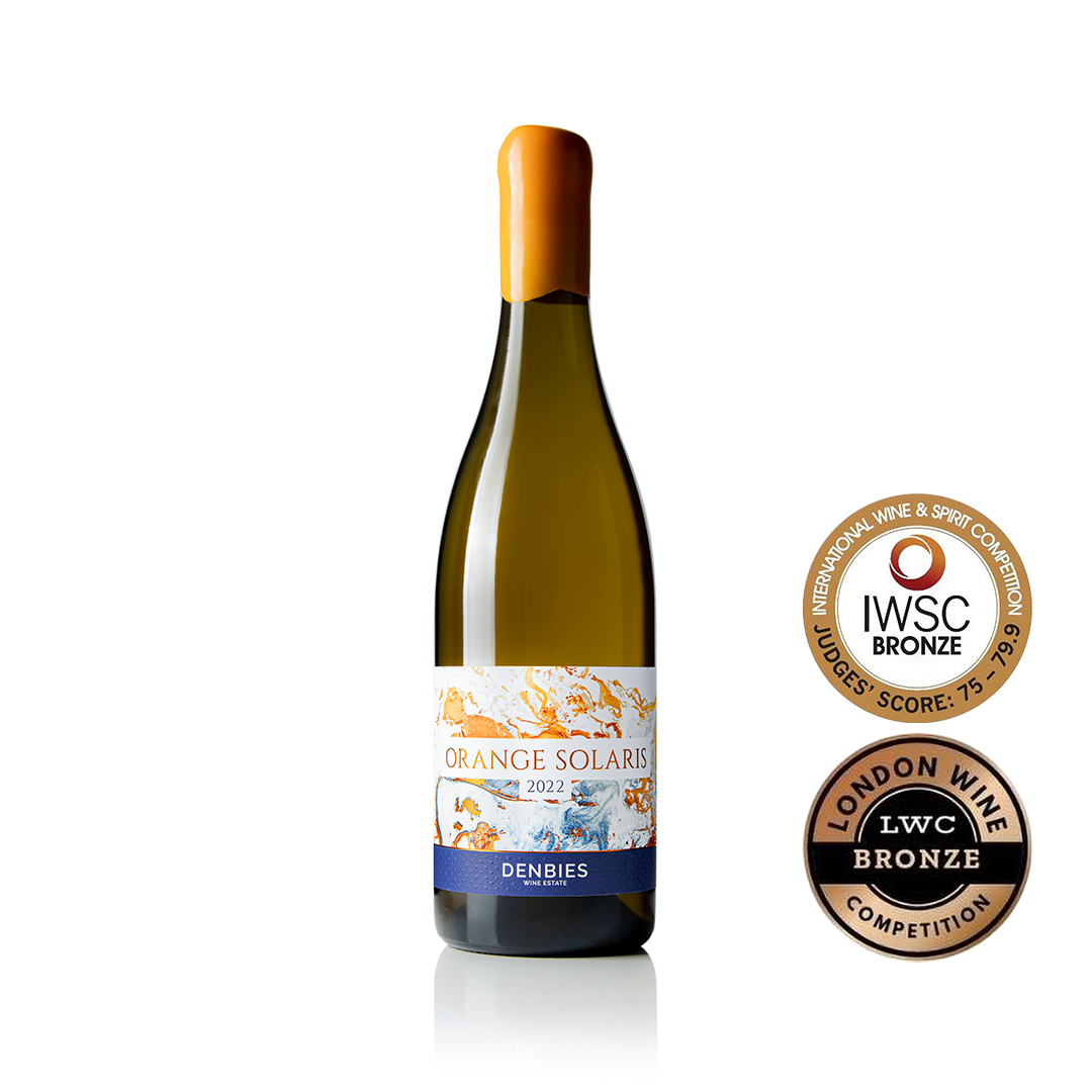 Front view of Orange Solaris 2022 wine bottle by Denbies Wine Estate isolated on a transparent background