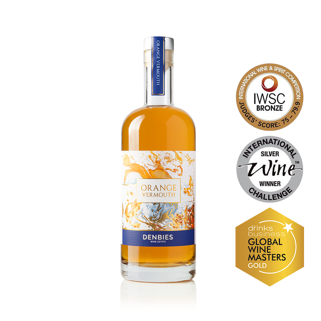Front view of Orange Vermouth bottle by Denbies Wine Estate on a transparent background
