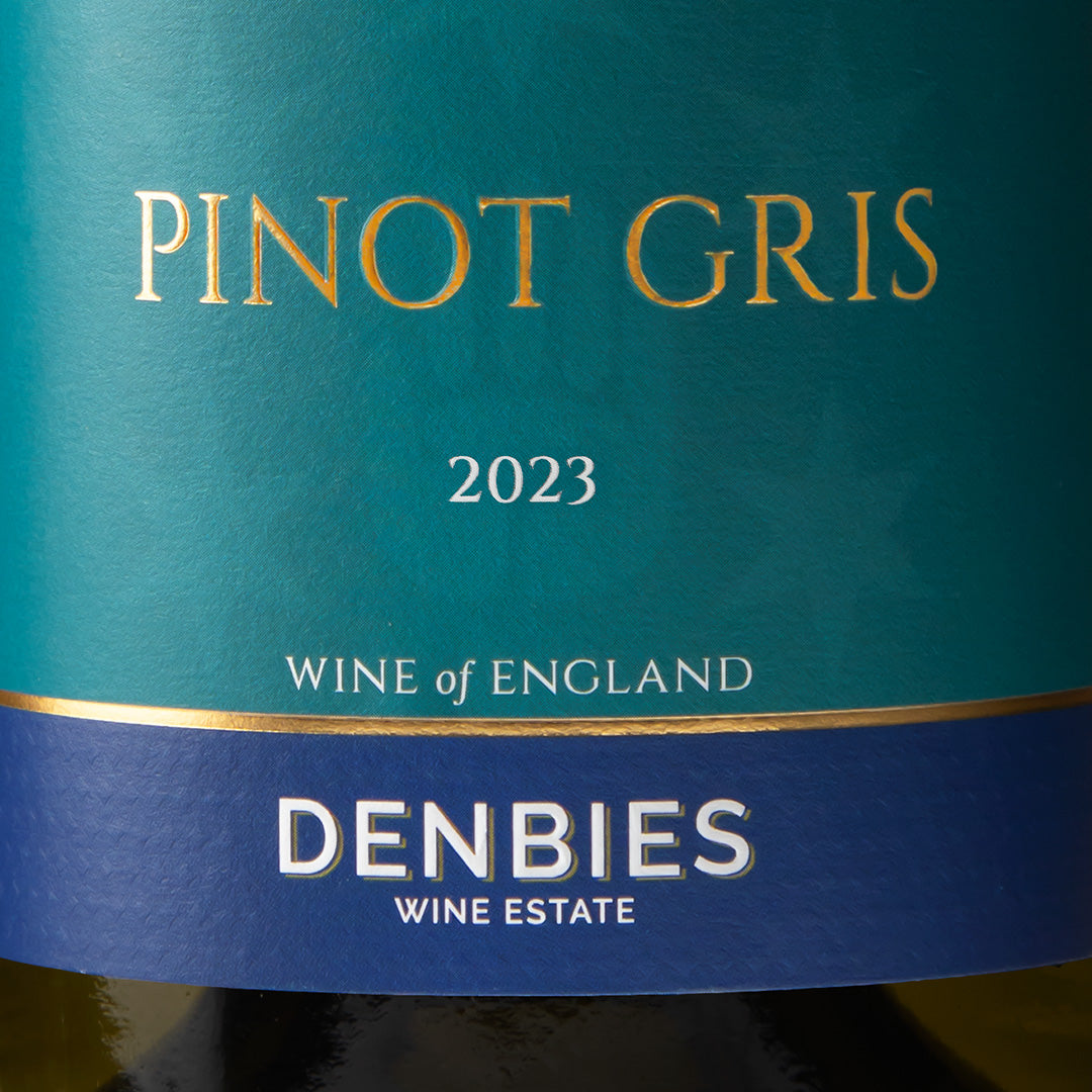 Close-up detail of the Pinot Gris 2023 wine label showing the art and typography