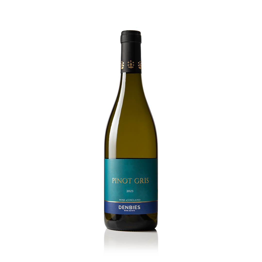 Front view of Pinot Gris 2023 wine bottle by Denbies Wine Estate isolated on a transparent background
