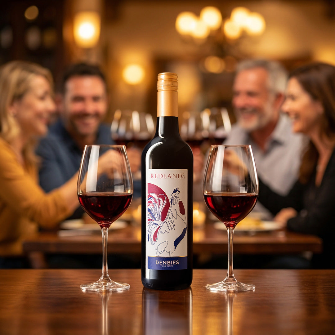 Redlands wine bottle served with two glasses in a warm restaurants setting
