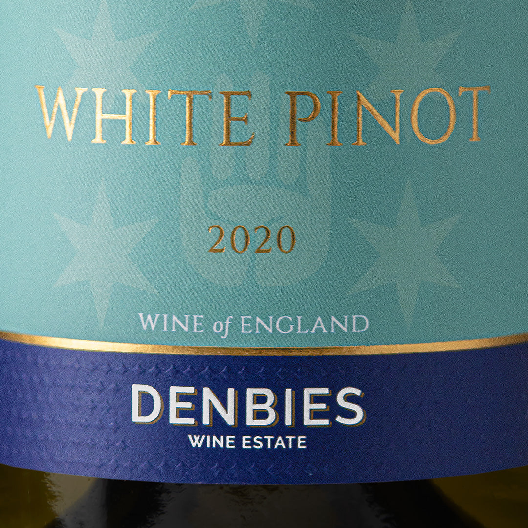 Close-up detail of the White Pinot 2020 wine label showing the art and typography