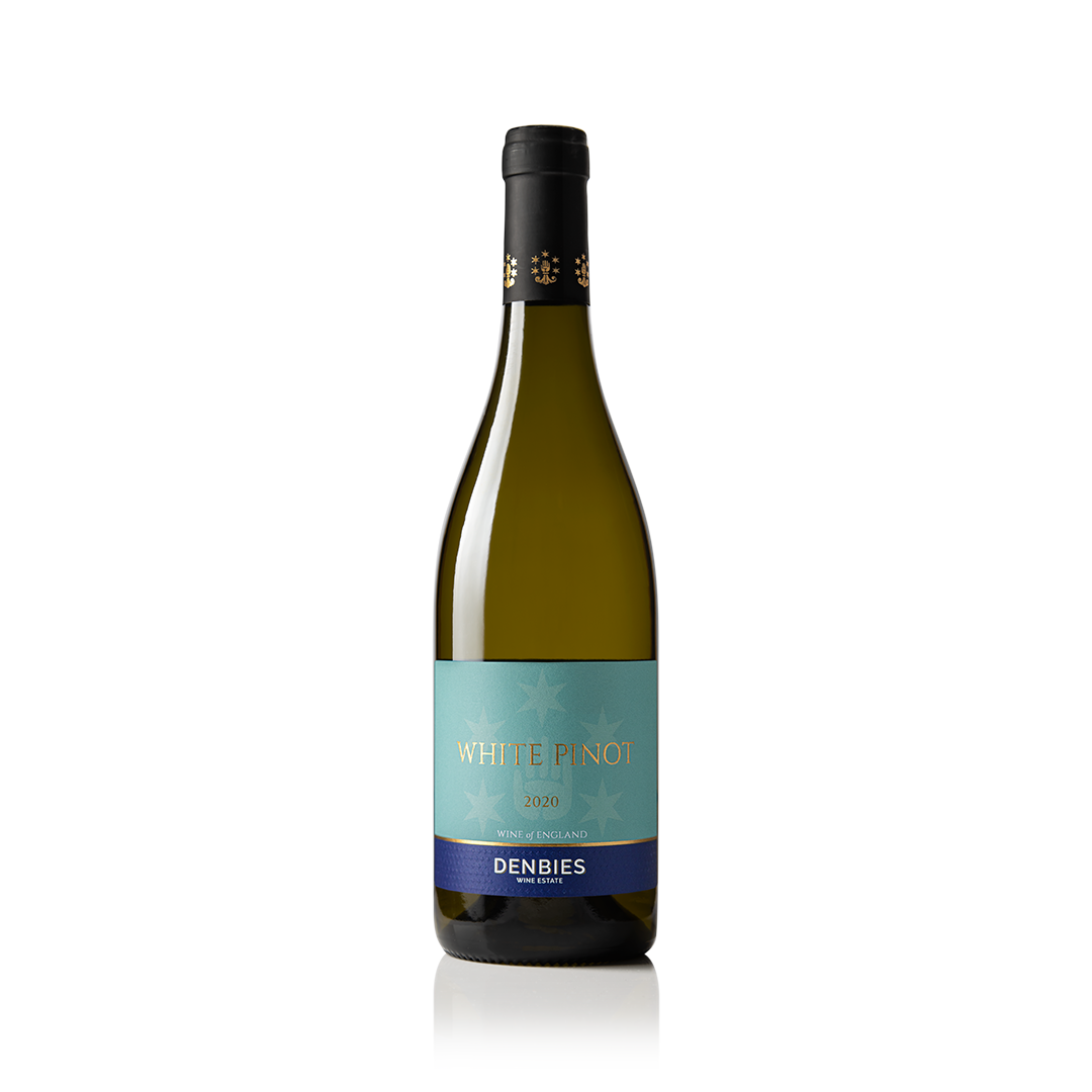 Front view of White Pinot 2020 wine bottle by Denbies Wine Estate isolated on a transparent background